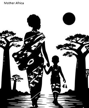 African Mother and Child Walking Near Baobab Trees