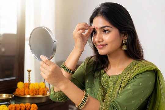 Woman applying red bindi while looking into a mirror, adorned with traditional jewelry and ethnic attire. Woman prepares for festive celebration by applying bindi.