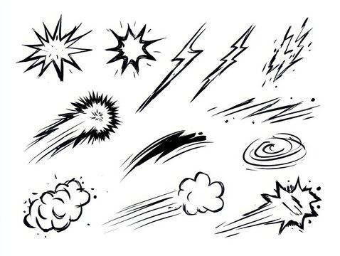 Hand drawn comic book style action effects and speed lines isolated on white background