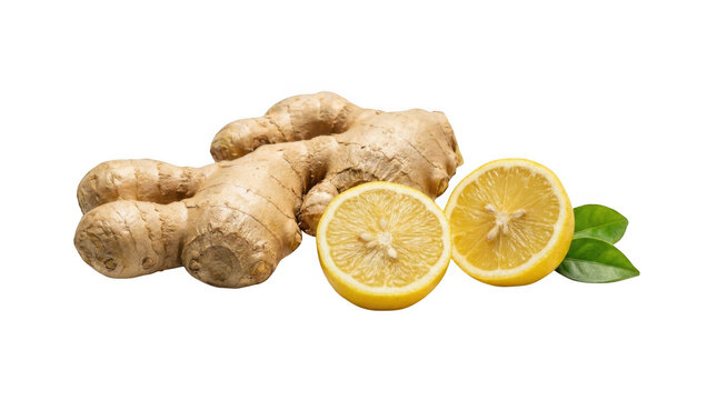 Ginger root and two lemon slices with green leaves isolated on transparent background