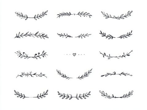 Collection of handdrawn floral dividers, rustic botanical flourishes and decorative branch ornaments isolated on white background