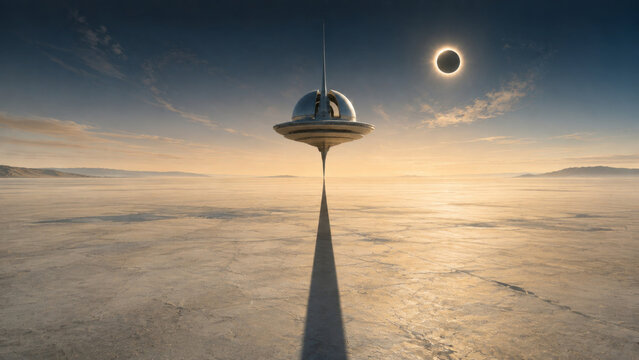A hovering observatory remains inside the circular shadow of an eclipse above a distant world, minimal futuristic landscape for eclipse observatory, hovering station, circular shadow themes
