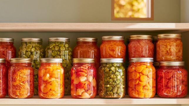 Wide shot of pantry shelf filled with rows of preserved jars containing various colorful vegetables and fruits, showcasing a well-organized storage space