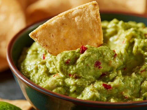 Close up of tortilla chip scooping spicy guacamole in a bowl with additional tortilla chips and lime wedges visible in the background