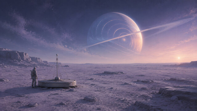 A lone scientist stands beside a quiet listening station on a lilac moon beneath a giant planet, cinematic science fiction art for lunar station, listening station, scientist, lilac moon themes
