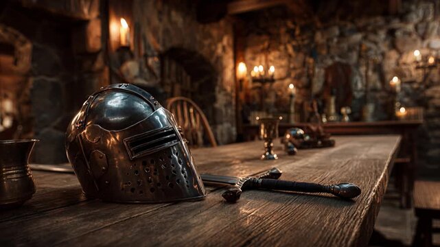 Knight helmet resting on weathered wooden table inside dim medieval tavern