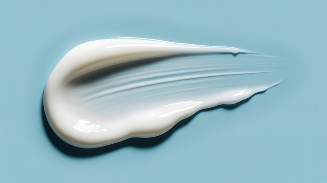 A single smooth smear of white cosmetic cream texture isolated on a solid light blue background, representing skincare and beauty product application