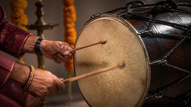 Hands playing traditional dhol drum with sticks during cultural festival celebration. Close-up of percussionist's hands striking dhol creating rhythmic sounds for festive occasions.