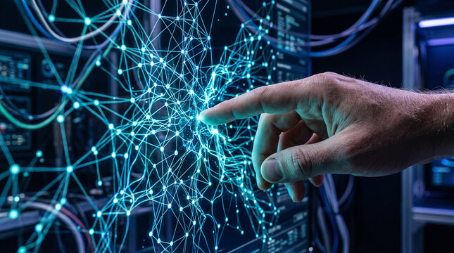 Human finger touches glowing neon digital network visualization interface representing futuristic artificial intelligence computing technology and advanced cybersecurity data analysis systems