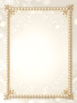 Elegant pearl frame on cream background, luxury wedding invitation border with gold accents, sophisticated jewelry stationery template