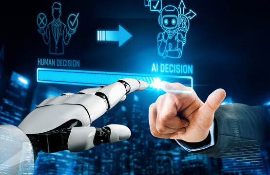 This image illustrates the dynamic relationship between human and AI decision-making, showcasing a futuristic interface and symbolizing collaboration and innovation. Liminal