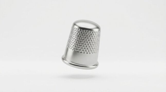Polished silver sewing thimble with textured pattern isolated on white background for tailoring and fashion