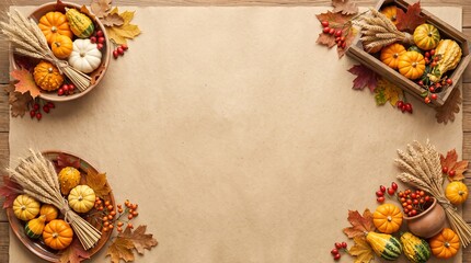 Fototapeta premium Autumn harvest arrangement with pumpkins gourds and wheat in rustic baskets