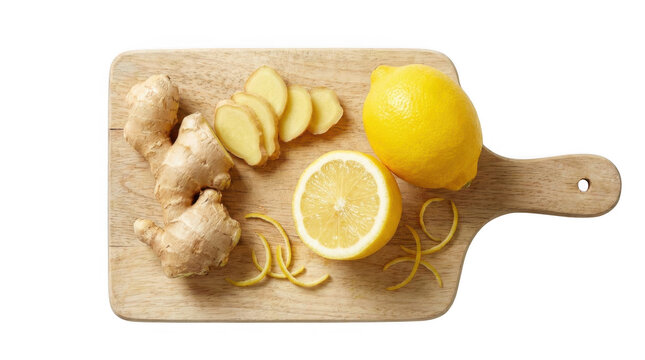 Fresh ginger root, lemon, slices, and peel on a wooden cutting board isolated on transparent background