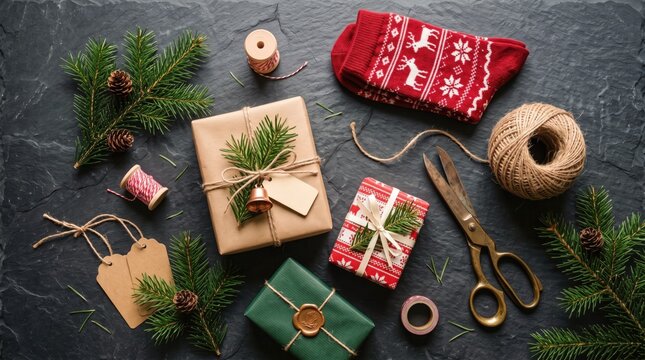 Christmas gift wrapping supplies with presents, pine branches, and red socks on dark stone background