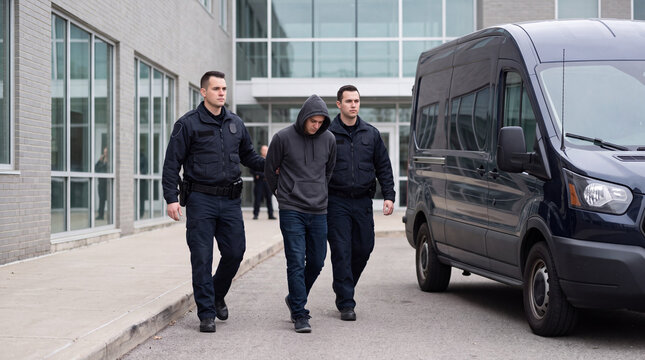 Immigration officers arresting and escorting a handcuffed man to a transport van. Law enforcement detainee transfer outside government building
