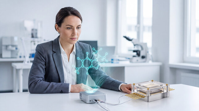 Female scientist analyzing a holographic molecular model using quantum computing technology. Professional researcher working on drug development in a modern laboratory setting