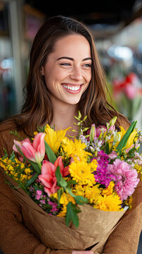 Young woman smiles brightly while holding vibrant bouquet of flowers, mix of colorful blooms. joy of receiving such beautiful gift is evident on her face