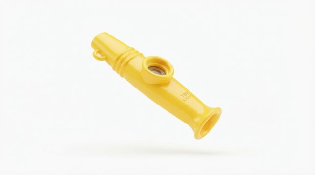Yellow toy kazoo musical instrument floating isolated on white background for entertainment and fun