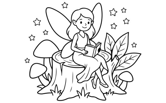 Fairy sitting on mushroom in forest