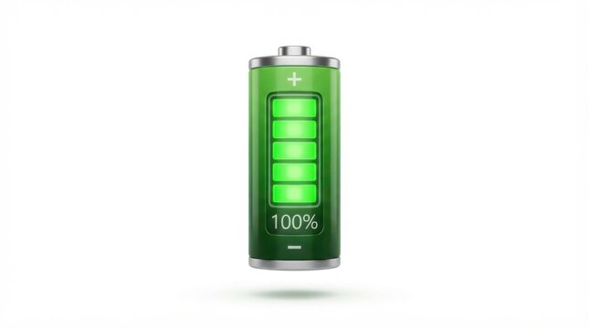 Full green battery icon with glowing charge indicator isolated on white background 3D render for power energy concept