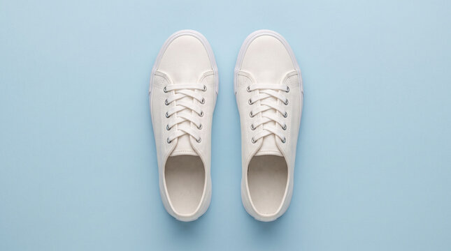Pair of White Casual Sneakers Mockup Top View on Light Blue Background for Design Placement