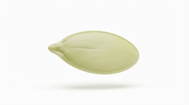 Single raw pumpkin seed floating isolated on white background for health food and nutrition marketing
