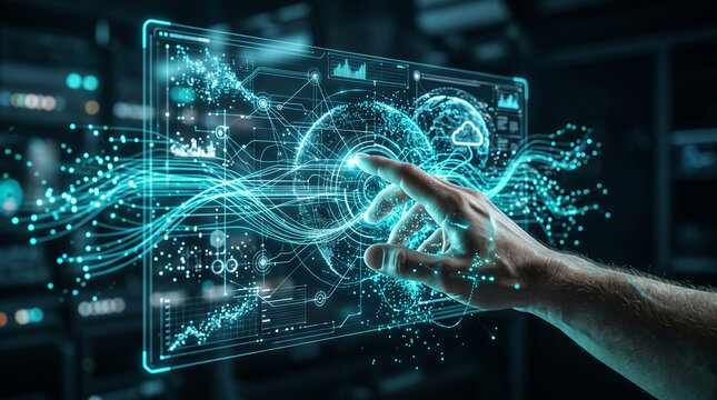 Digital interface glowing blue with complex data visualization being touched by a human finger inside a dark high tech server