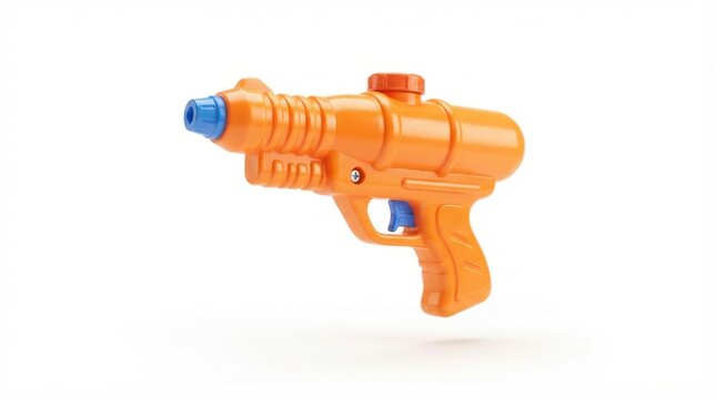Modern plastic orange water gun toy with blue trigger and nozzle isolated on white background for summer outdoor fun