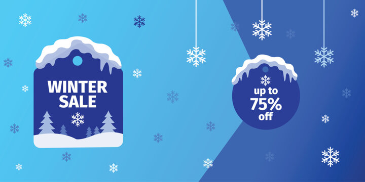 Winter sale discount banner with price tag and snowflakes on blue background