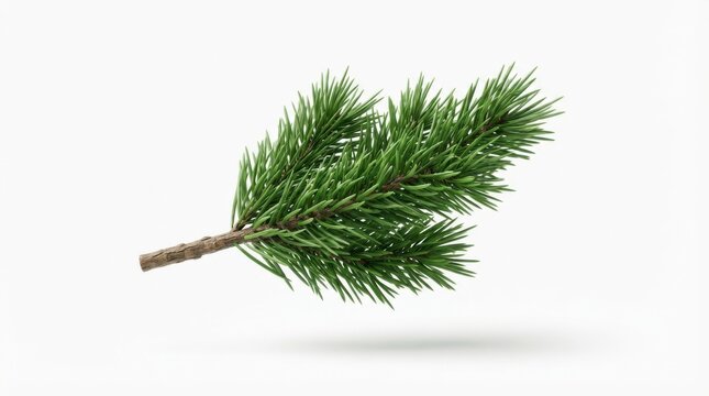 Lush green pine tree branch with dense needles isolated on white background for seasonal winter foliage graphics