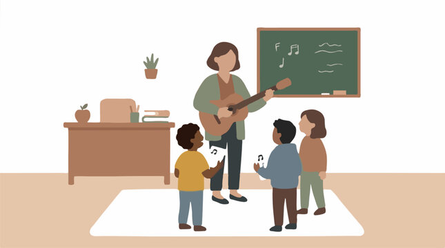 Teacher plays guitar for children in a classroom, singing with sheet music, flat design vector illustration