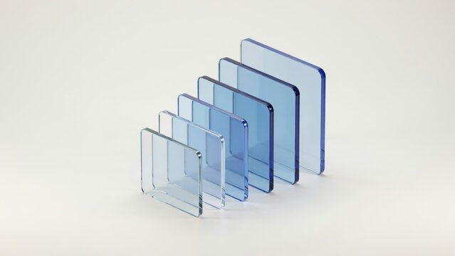 Translucent blue acrylic samples in increasing sizes isolated on white background. Perfect concept for material design, glass manufacturing, or color selection.
