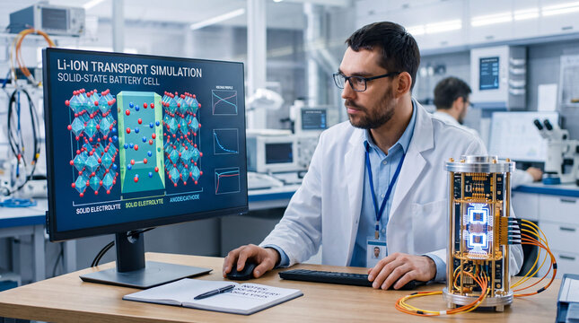 Scientist analyzing solid-state battery simulation on a computer. Quantum computing hardware on a laboratory desk. Research and development of next-generation energy storage technology