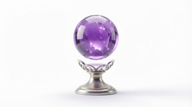 Magical purple crystal sphere on ornate silver stand against white background