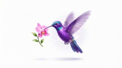 Fototapeta premium Vibrant purple hummingbird in flight hovering near a delicate pink orchid flower isolated on white background