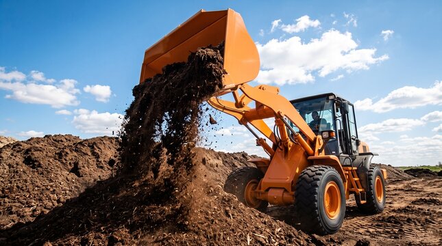 Front loader vehicle tipping a large pile of soil at a construction site under a clear blue sky