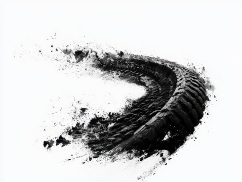 Black tire track with mud splatter and debris isolated on white background
