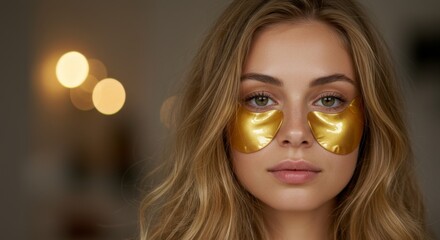 Fototapeta premium Young woman wearing golden eye patches during a luxurious skincare and beauty treatment with copy space