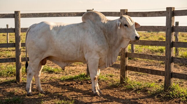 White Nelore bull standing near a wooden fence in a rural farm corral during golden hour sunset, highlighting livestock farming and beef production.
