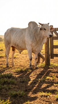 White Nelore bull standing near a wooden fence in a rural farm corral during golden hour sunset, highlighting livestock farming and beef production.