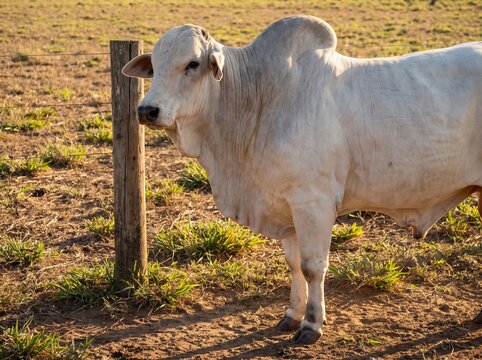 White Nelore bull standing near a wooden fence in a rural farm corral during golden hour sunset, highlighting livestock farming and beef production.