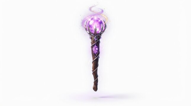 Magical wooden wizard staff with glowing purple crystal orb and mystical runes isolated on white background