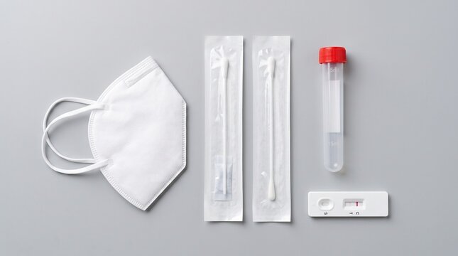 Rapid Antigen Test Kit with Nasal Swabs, Face Mask, and Tube on Gray Background
