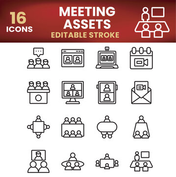 16 Business Meeting Icons - Vector Boardroom Conference, Team Discussion & Office Meetup Symbols