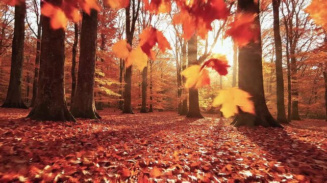 Camino cubierto de hojas secas que serpentea por un bosque resplandeciente en tonos naranja, amarillo y rojo durante el oto&ntilde;o.