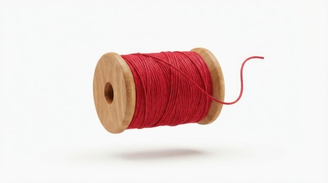 Spool of red thread with wooden ends floating isolated on white background for sewing tailoring and craft projects