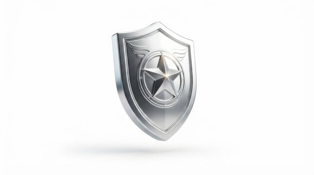 Polished silver shield with central star emblem isolated on a clean white studio background