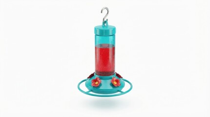 Fototapeta premium Modern hummingbird feeder with red liquid and flower ports isolated on a clean white background