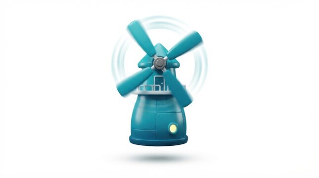 Stylized teal windmill with rotating blades isolated on white background for renewable energy concepts